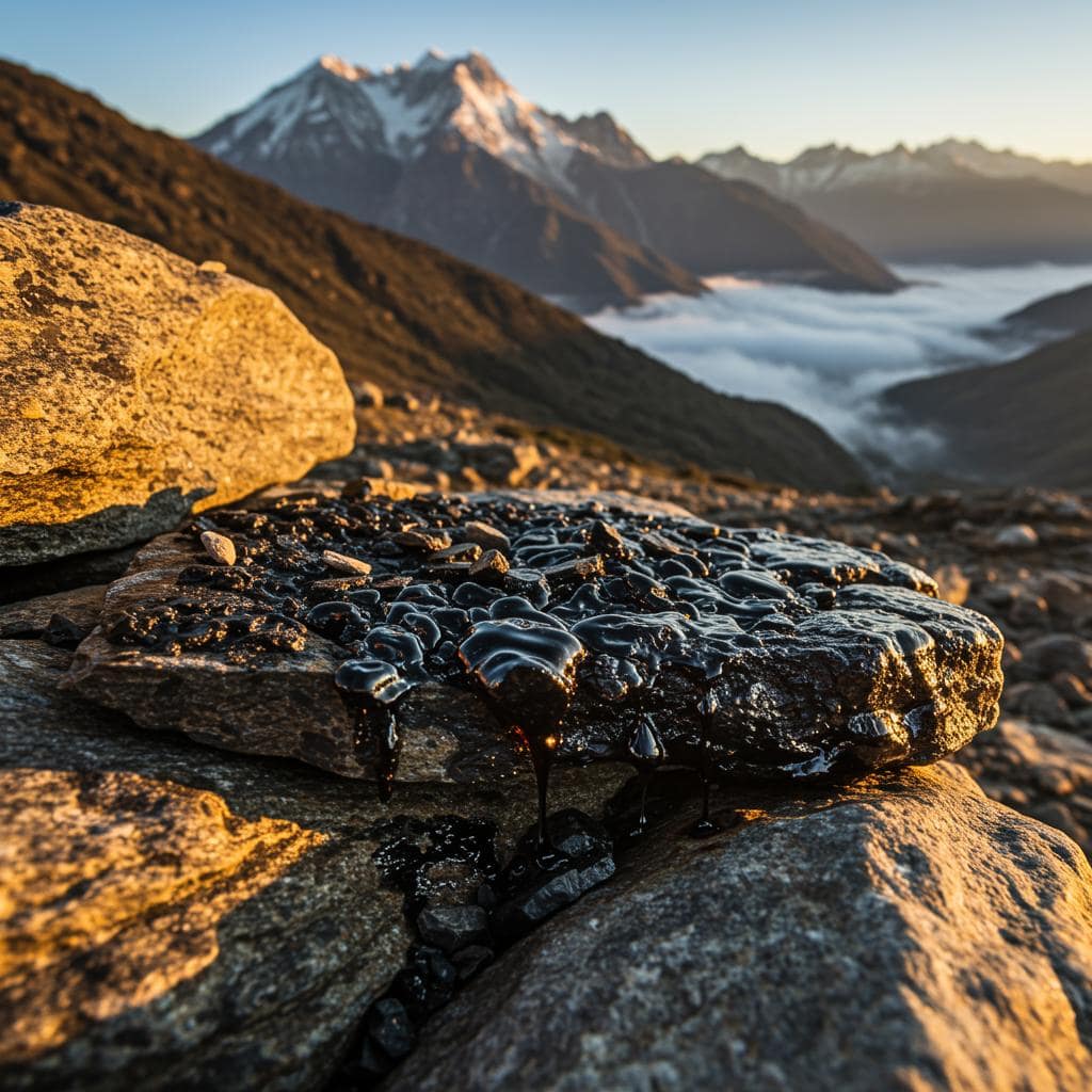 Shilajit wird in den atemberaubend hohen gebirgszügen asien geerntet, vorkommend als shilajit exsudat