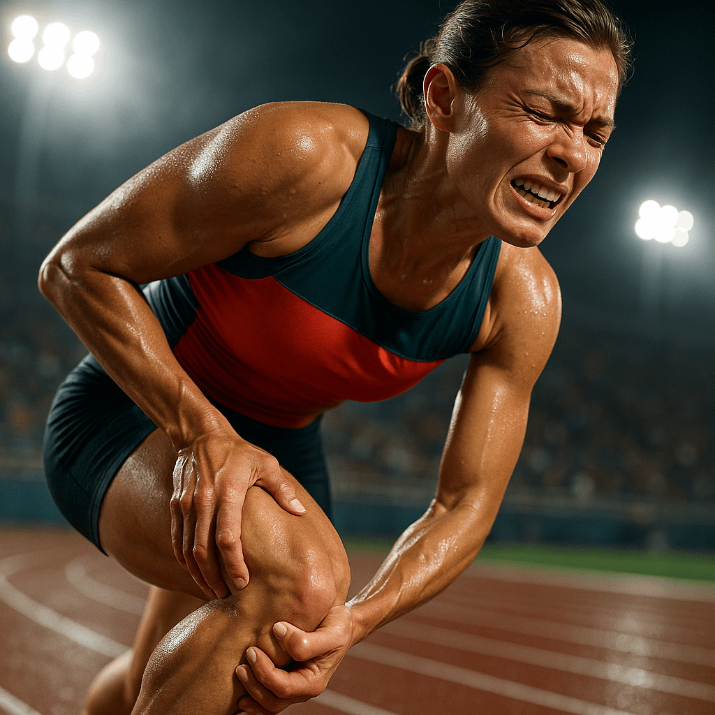 Eine Athletin erleidet während eines Sprints einen schmerzhaften Wadenkrampf, Gesicht vor Schmerz verzerrt, vor verschwommenem Stadionhintergrund.