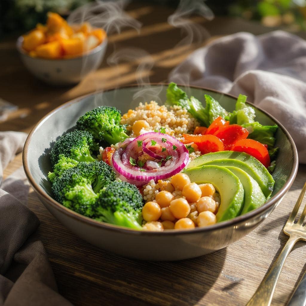 Biohacking mit brokkoli, avocado, kichererbsen und quinoa. für starke gesundheit. symbolbild.