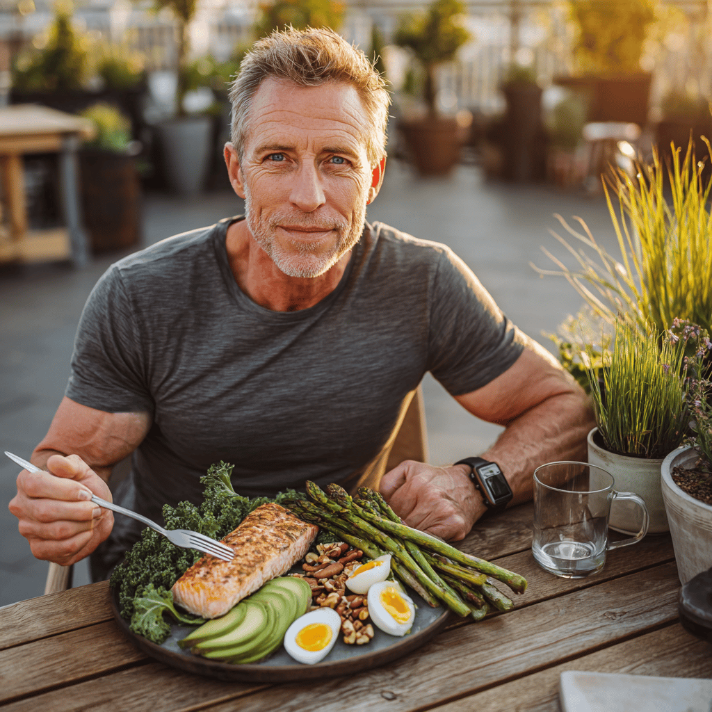 Biohacking. eine ausgewogene zyklische keto mahlzeit im freien bei tageslicht genießt ideser agile best ager. symbolbild.