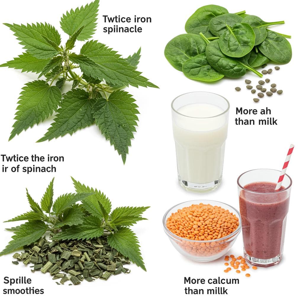 Superfood brennnessel ist mehr als spinat, eignet sich für tee, smoothie und nahrungsergänzung. illustration.