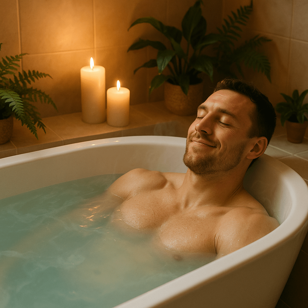 Athlet entspannt in einem mit Magnesiumsalzen angereicherten Bad, umgeben von Kerzenlicht und Pflanzen, symbolisiert Regeneration.