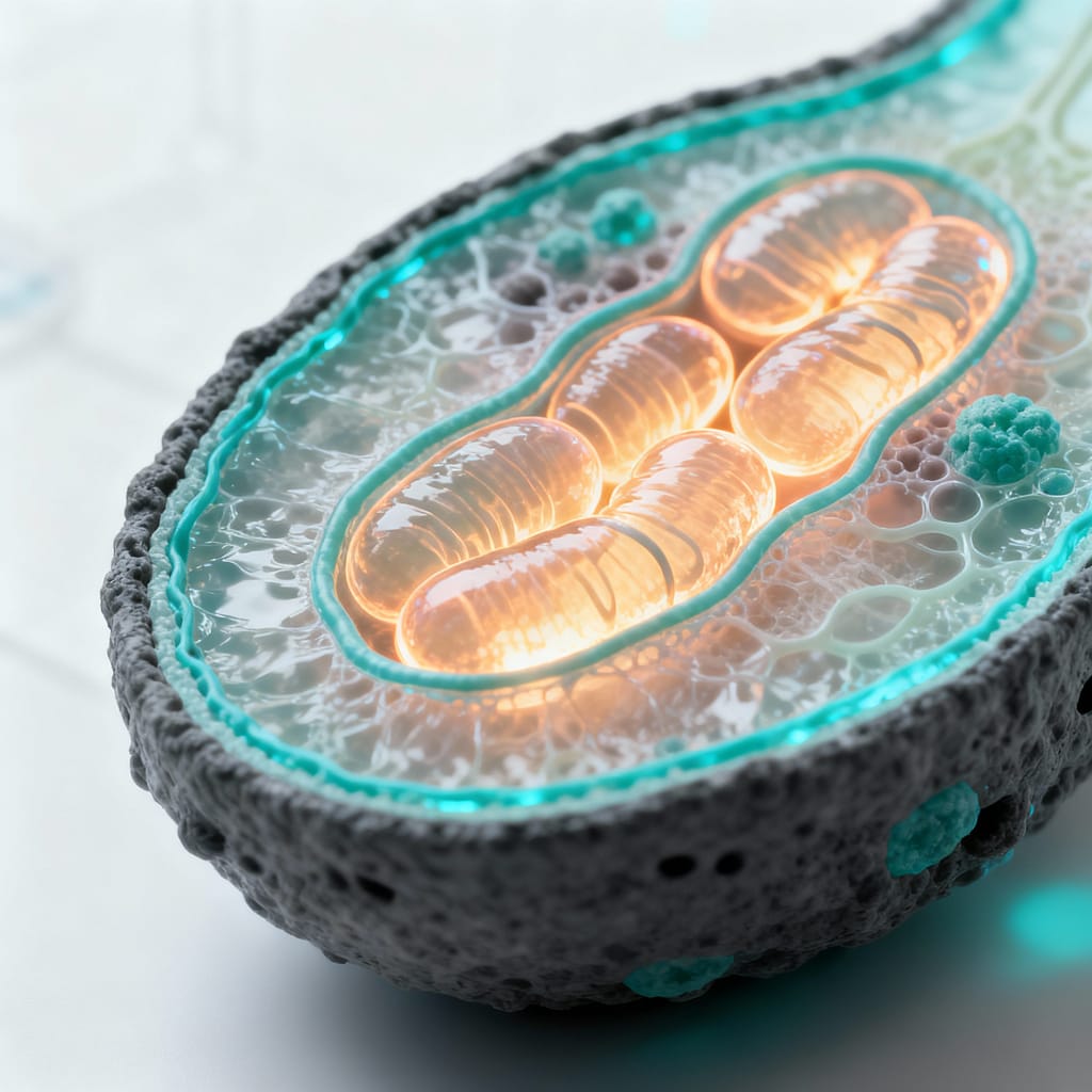 Biohacking ist Biotuning. Querschnitt einer menschlichen Zelle. Leuchtende Mitochodrien. Visualisierung mit KI
