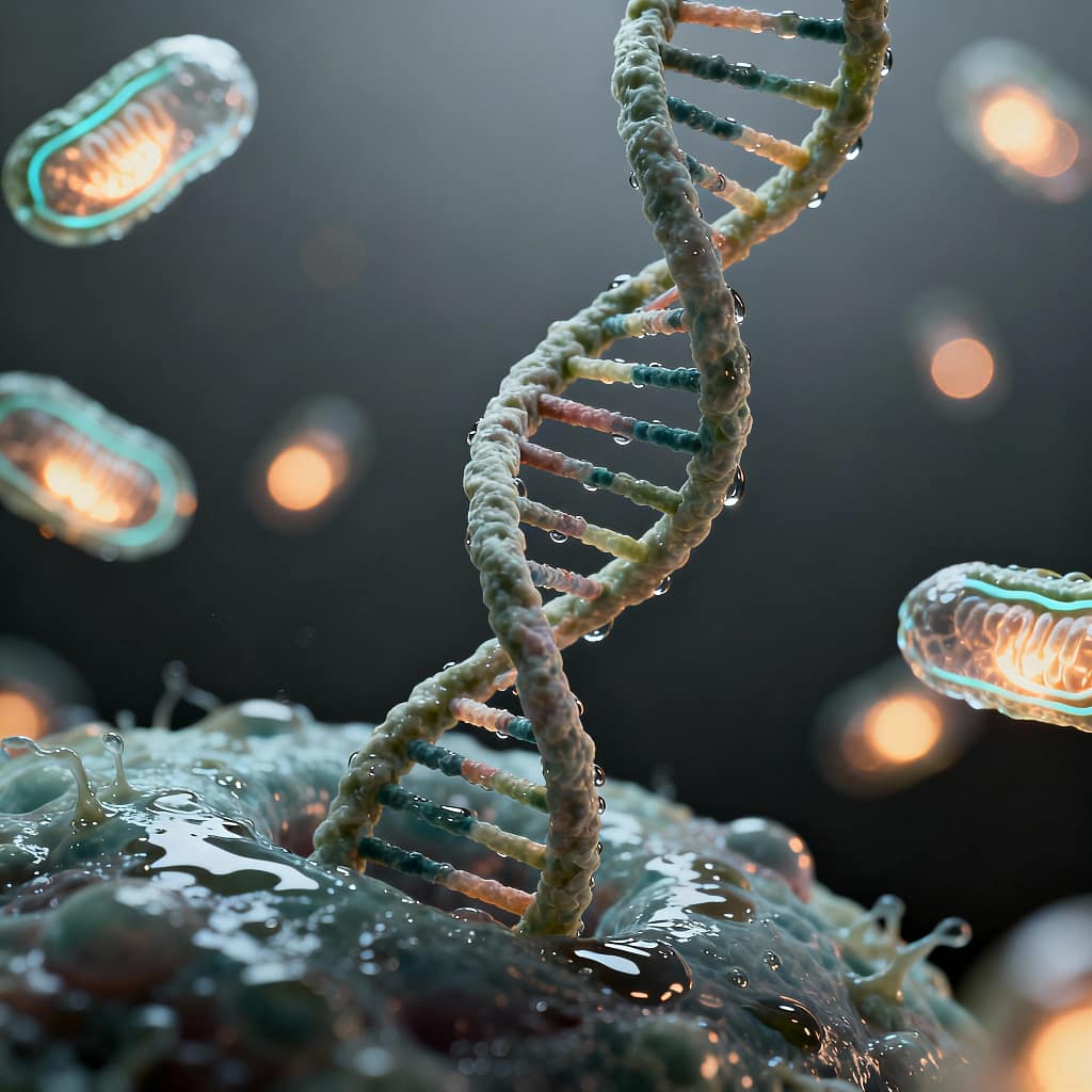 Biohacking ist für Zellgesundheit ein Jungbrunnen. DNA Doppelhelix in feuchter Zelle Umgebung, Leuchtende Mitochondrien. Symbolisches Visual.