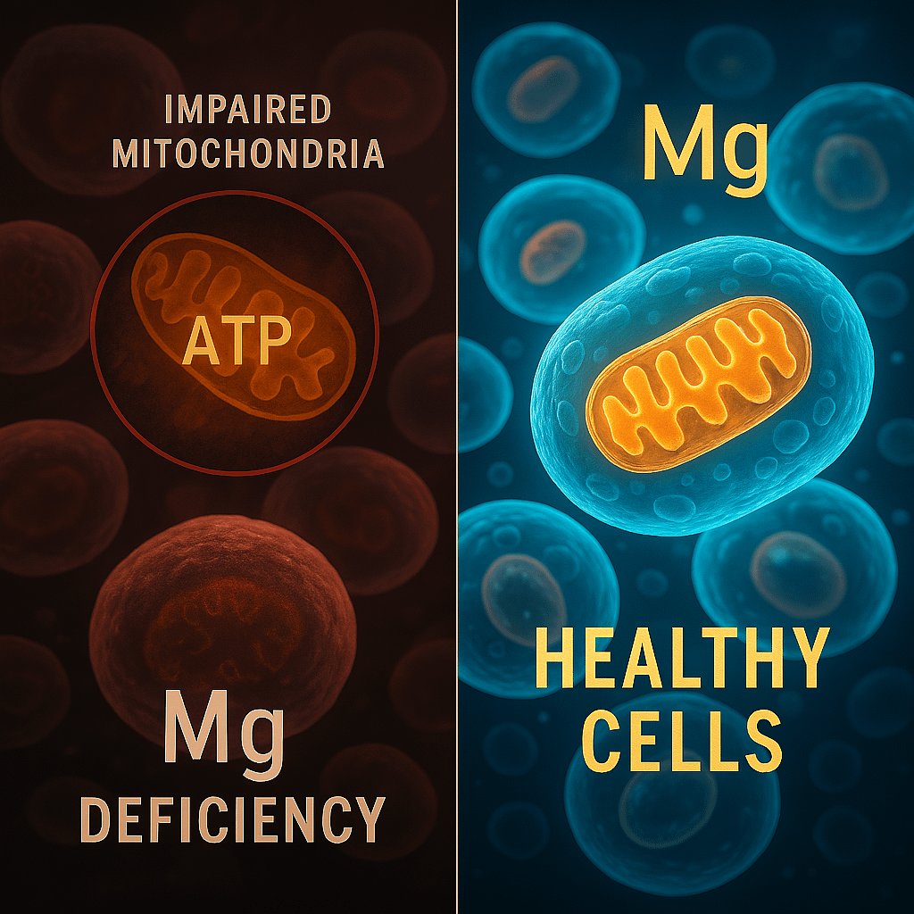 Vergleich von Zellen mit Magnesiummangel und starken, gesunden Zellen, wobei die Auswirkungen auf die mitochondriale Energieproduktion dargestellt werden.