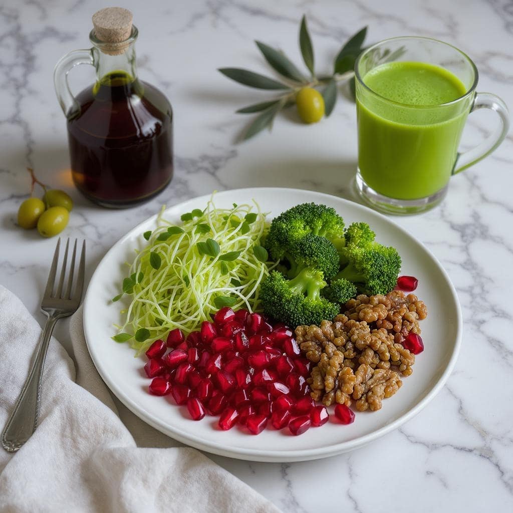 Funktionelle Lebensmittel wie Brokkoli und Grantapfel werden immer populärer, hier schön angerichtet auf einem Teller.