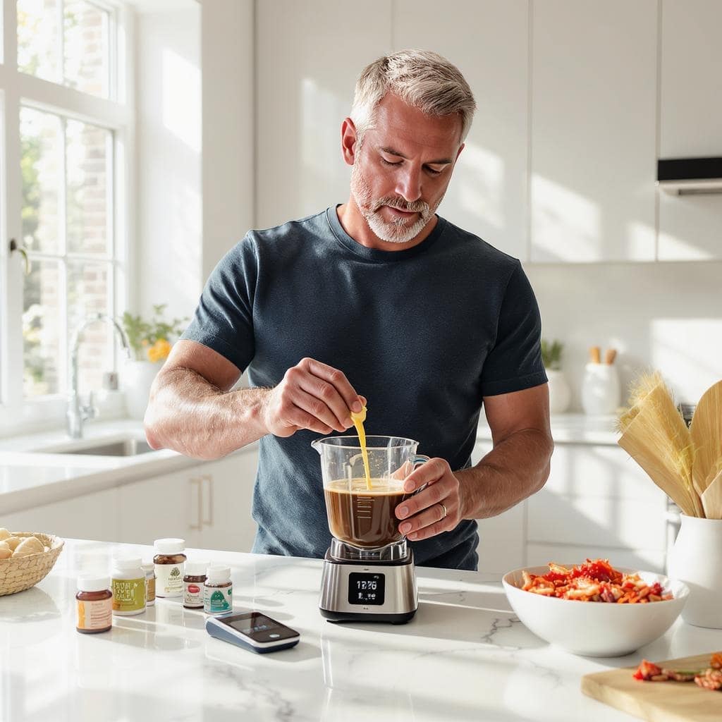 Biohacking Routing für diese Fitten älteren Mann beim Frühstückzubereiten mimt Bulletproof Coffee.