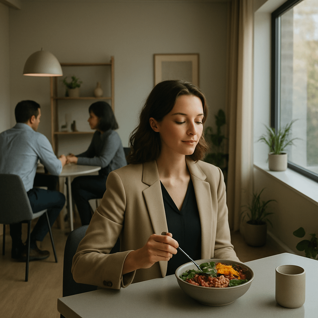 Gesunde Mittagspause für diese junge, ernährungsbewusste Dame im einfach gestalteten Büro mit entspanntem Ambiente.
