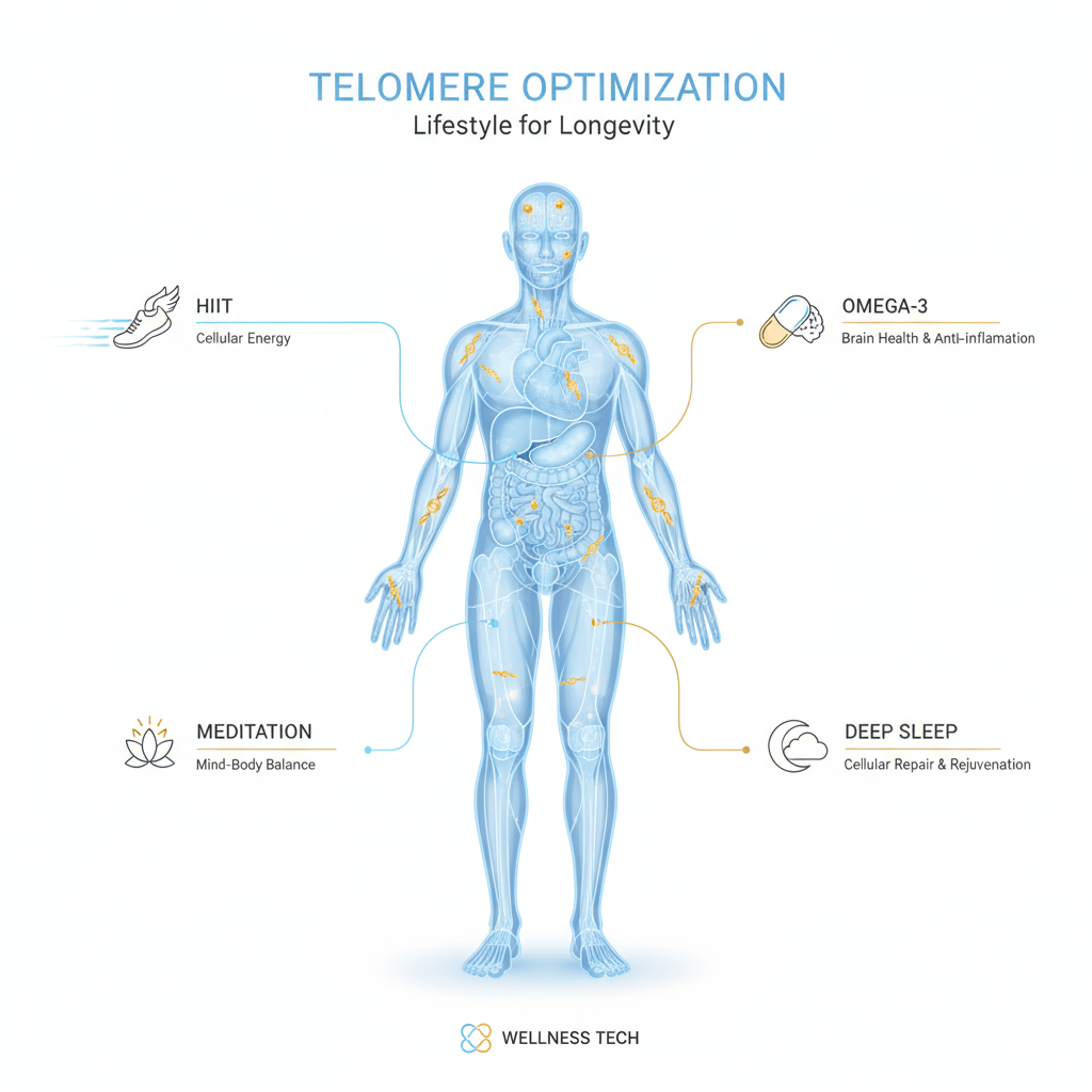 4 Lebensgewohnheiten für längere Telomere. Visualisiert am menschlichen Körper. Symbolbild.