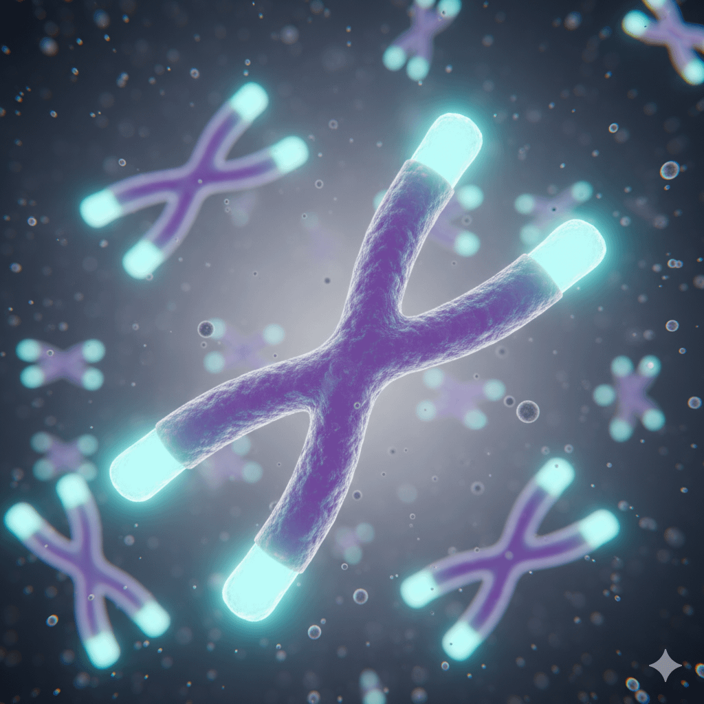 Leuchtende telomere. zellalterung sichtbar gemacht. symbolbild.