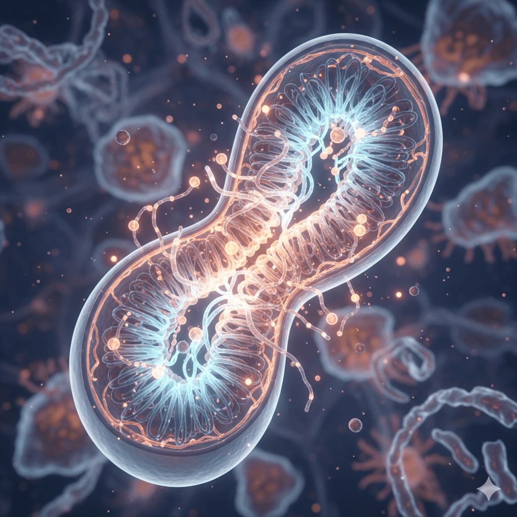 Mitochondria producing energy. CoQ10 plays a key role in cellular ATP generation. Visual.