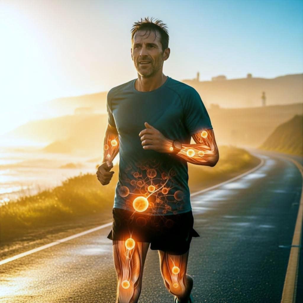 Double-exposure portrait linking endurance running with mitochondrial biogenesis to highlight daily stamina and long-lasting energy. Visual.