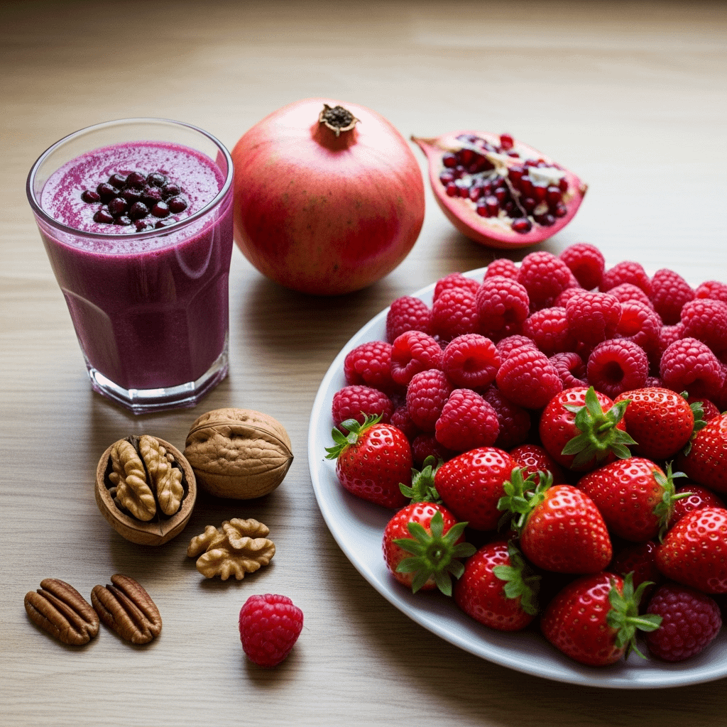Biohacking mit erdbeeren, granatapfel und walnüssen ist leicht und gesund. symbolbild.