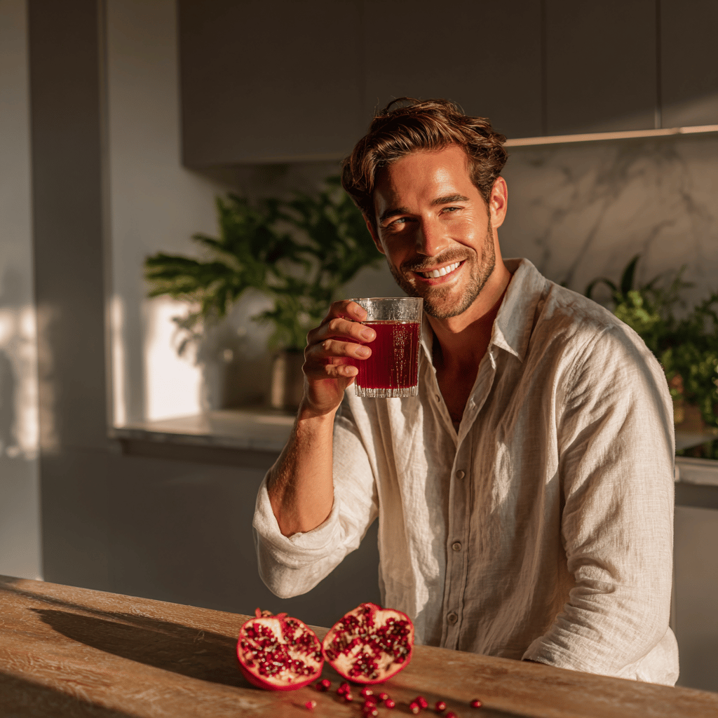 Biohacking mit granatapfelsaft schmeckt diesem sportlichen mann. für fitness und hzellgesundheit. symbolbild.