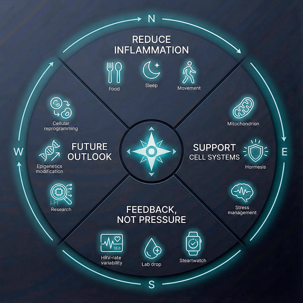 Biohacking mit den vier Sektoren. Entzündungen reduzieren, Zellgesundheit fördern, Tracking und Zukunftsperspektiven. Symbolische Infografik b