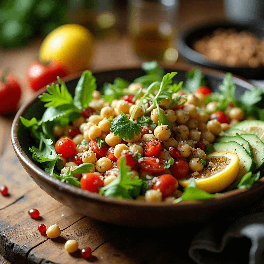 Biohacking mit einem frischen salat mit kichererbsen, tomaten, gurken, avocado und frischem grün, beträufelt mit olivenöl. symbolbild.