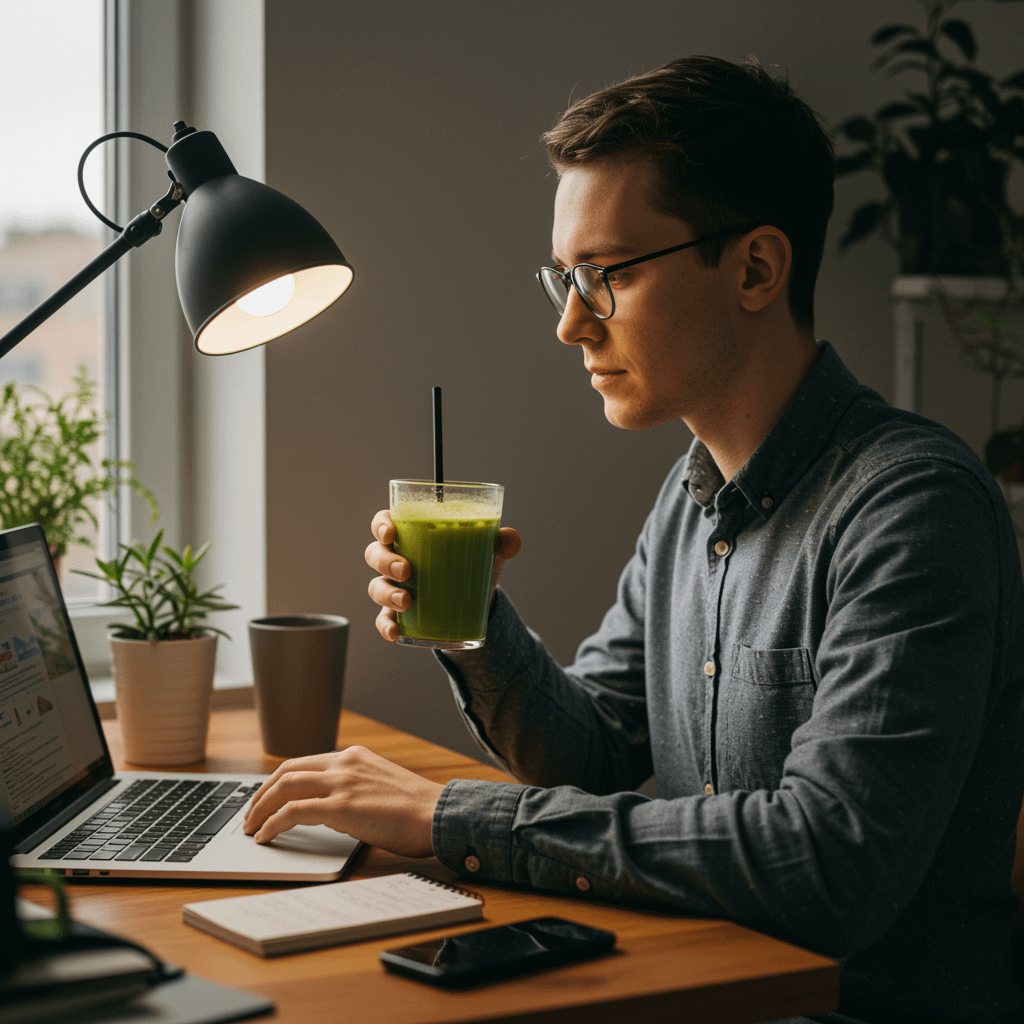 Biohacking mit Matcha für konzentriertes Arbeiten im Homeoffice wie der junge Mann. Symbolbild.