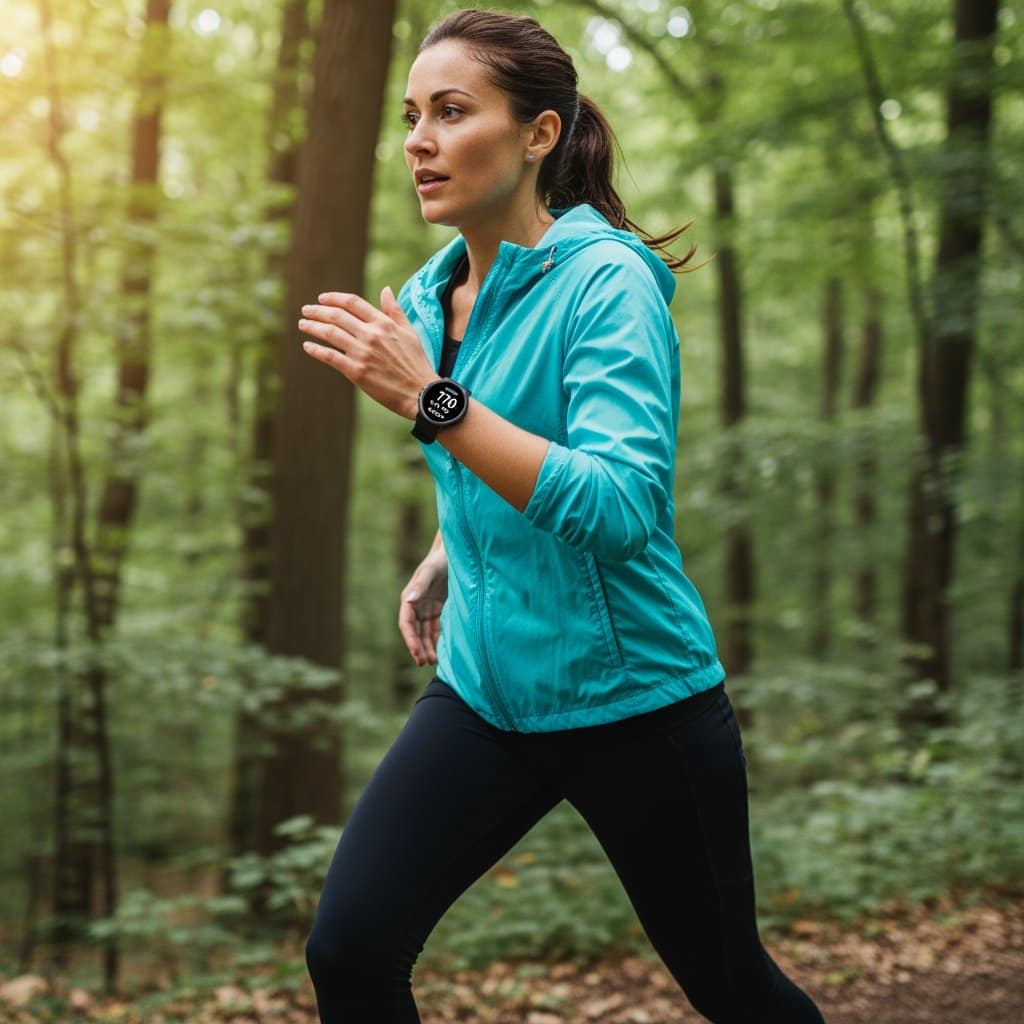 Biohacking mit Stressoren kann mit HIIT und Trail-Running wie für diese junge Spoprtlerin gesund sein. KI Visual.