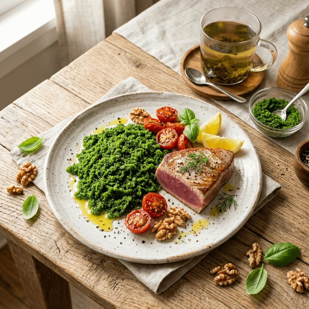 Mediterrane Ernährung für longevity. KI Visual.