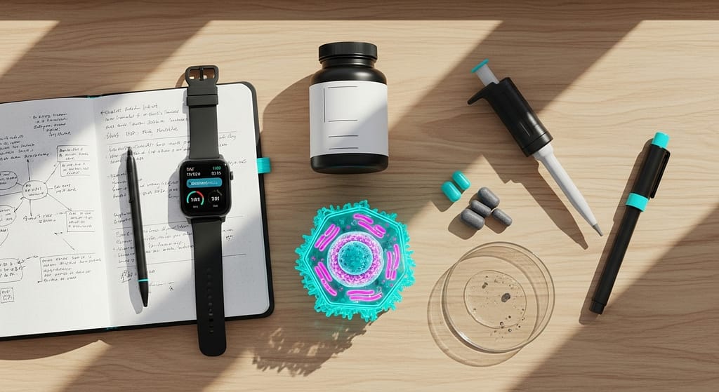 Biohacking fortgeschritten. Vitamin D Test. Diagnostik Werte Smartwatch. Journal. Symbolbild.