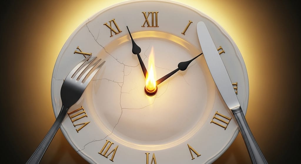 Biohacking mit fasten als präzise, kraftvolle entscheidung, nicht als verzicht. feuer im zentrum symbolisiert fettverbrennung.