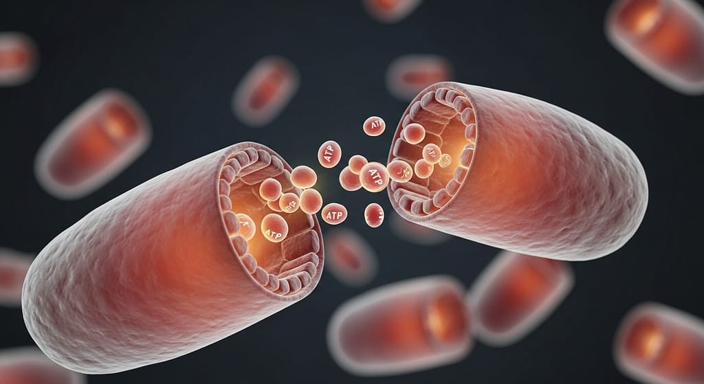 Biohacking mit Stärkung der ATP Produktioin erreichen für longevity. Makroaufnahme Mitochondrien. Symbol. Visual.