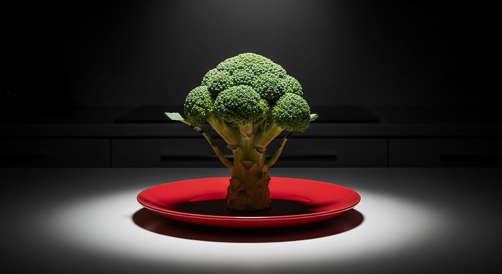 Biohacking mit brokkoli als grüner starker baum für zellgesundheit. symbolbild.