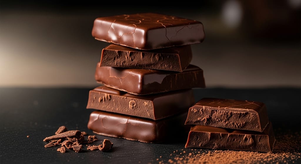 Dark Chocolate. Moderate Fermented cacao beans are a significant dietary source of PQQ and polyphenols. AI Visual.