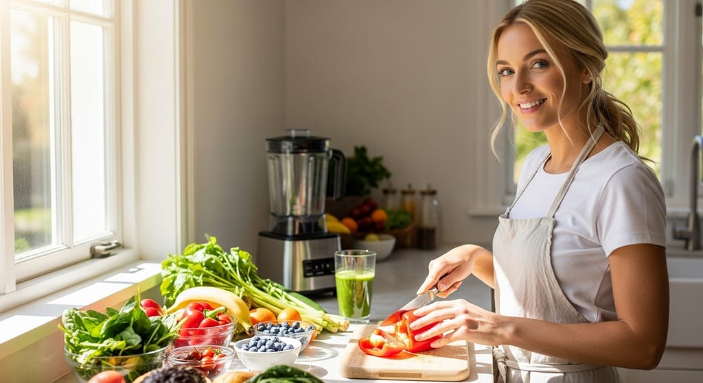 Biohacking mit heidelbeeren, avocado, tomaten und paprika hält diese junge dame gesund. symbolbild.