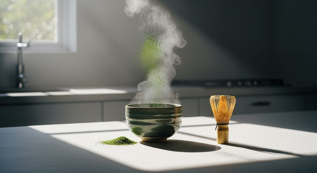 Matcha tee am morgen gibt gute laune für den ganzen tag. symbolbild.