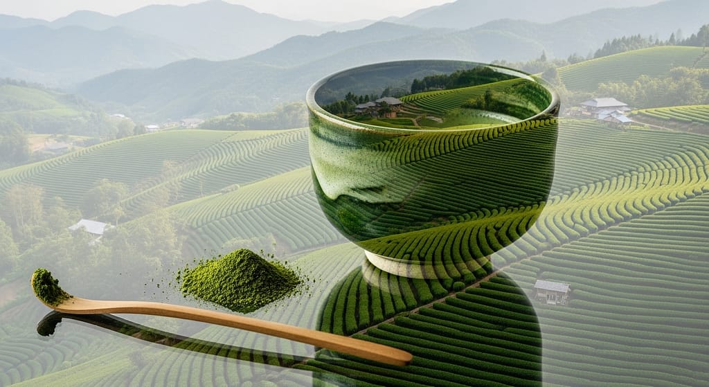 Matcha ist in japan ein zentraler teil ihrer lebenskultur und tee planatagen bestimmen die skyline. symbolbild.