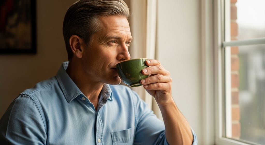 Matcha tee trinken und so eine entspannende Pause machen wie dieser Senior.