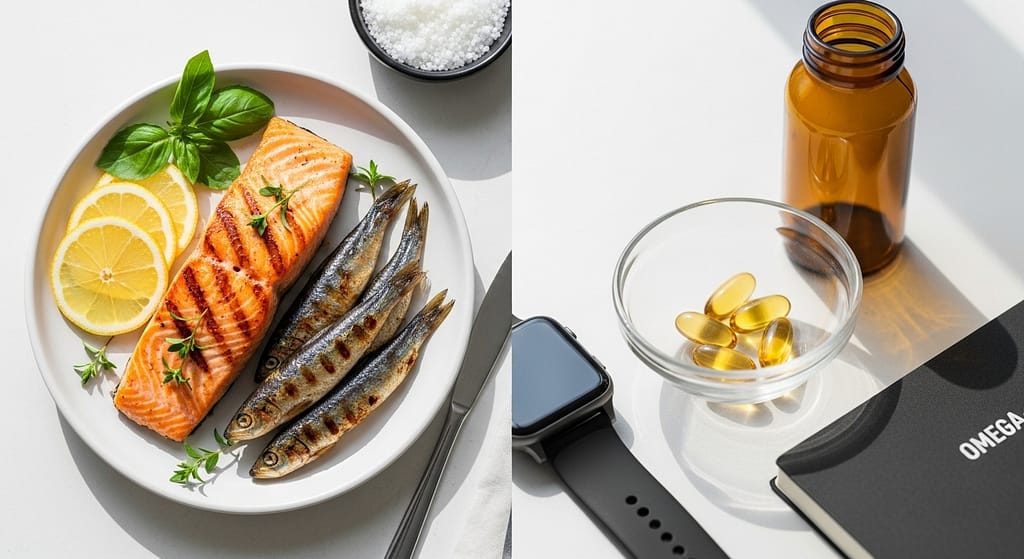 Biohacking mit viel viel Fisch und Supplement Omega 3 für Gesundheit. Splitscreen. Symbolbild.