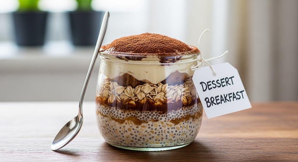 Zum Frühstück Haferflocken mit veganem Protein aus Fava Bohnen und Erbsen. KI Visual.