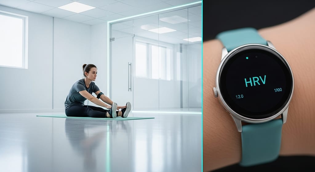 Longevity Praxis ist auch Regneration machen wie diese Dame mit Kontrolle der HRV auf Smartwatch. Symbolbild.