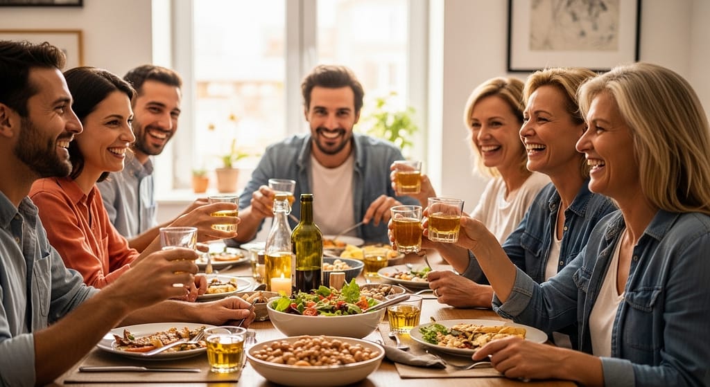 Essen ist Lebenskultur für diese fröhliche Runde. Biohacker sind Genuss Freunde. KI Visual.