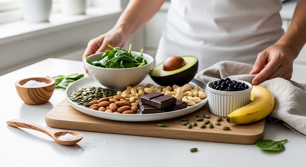 Magnesium kaufen mit Lebensmitteln für gesunde Lebensfreude. KI Visual.