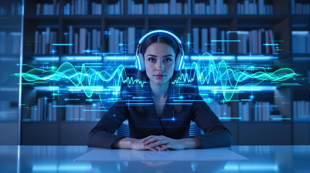 Junge Berufstätige mit Neurofeedback-Kopfhörern vor holografischer Anzeige ihrer Gehirnwellen im modernen Büro – Fokus auf mentales Biohacking und Leistungssteigerung