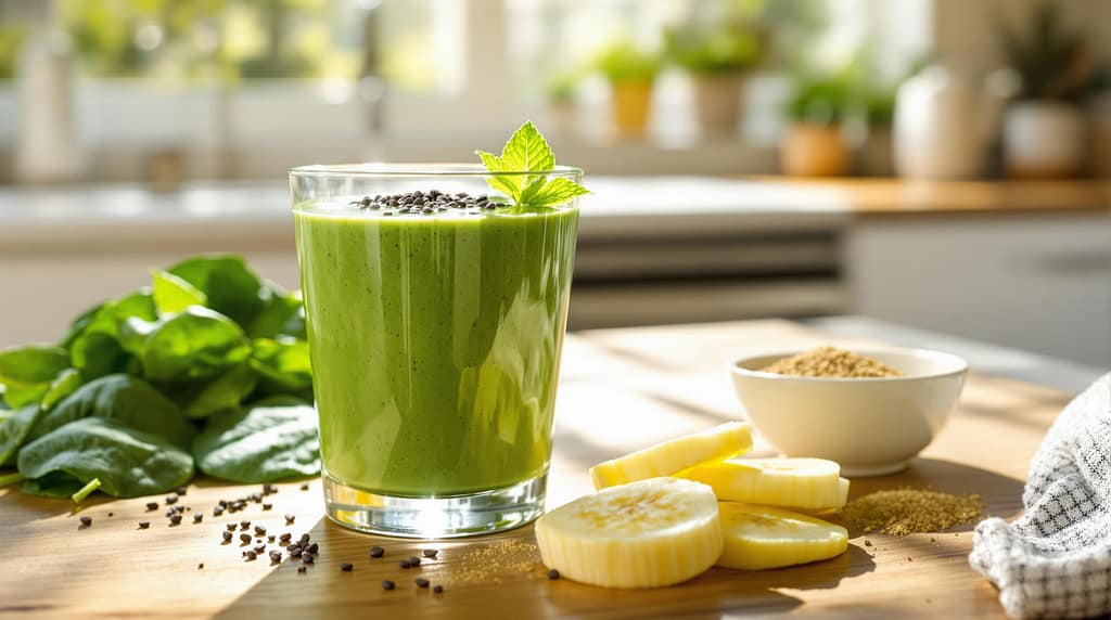 Grüner Adaptogen-Smoothie mit Chiasamen und Minze, umgeben von frischem Spinat, Bananenscheiben und Ashwagandha.