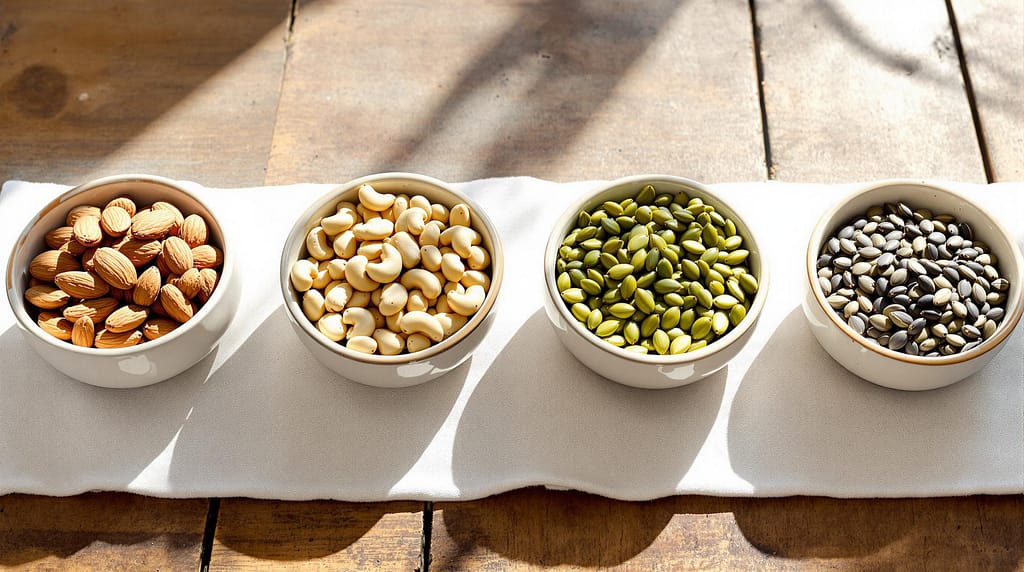 Nüsse und Mandeln, Cashews, Kürbiskerne, Sonnenblumenkerne enthalten viel Magnesium.