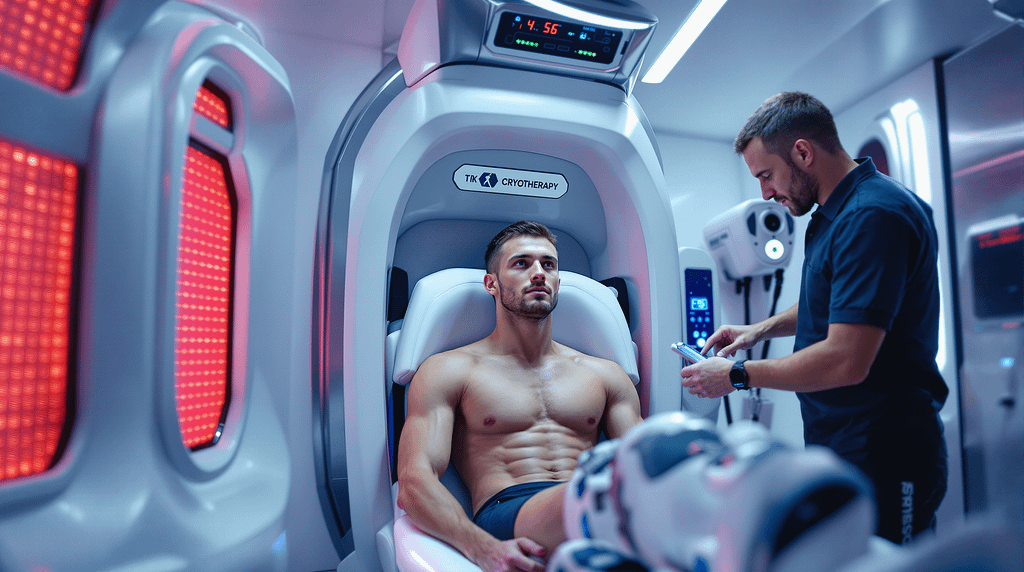 Spitzen Triathlet Ende 20 in Kryotherapie-Sitzung mit Hightech-Geräten wie Rotlicht-Panels und Kompressionsstiefeln – Darstellung moderner Regeneration im Leistungssport.