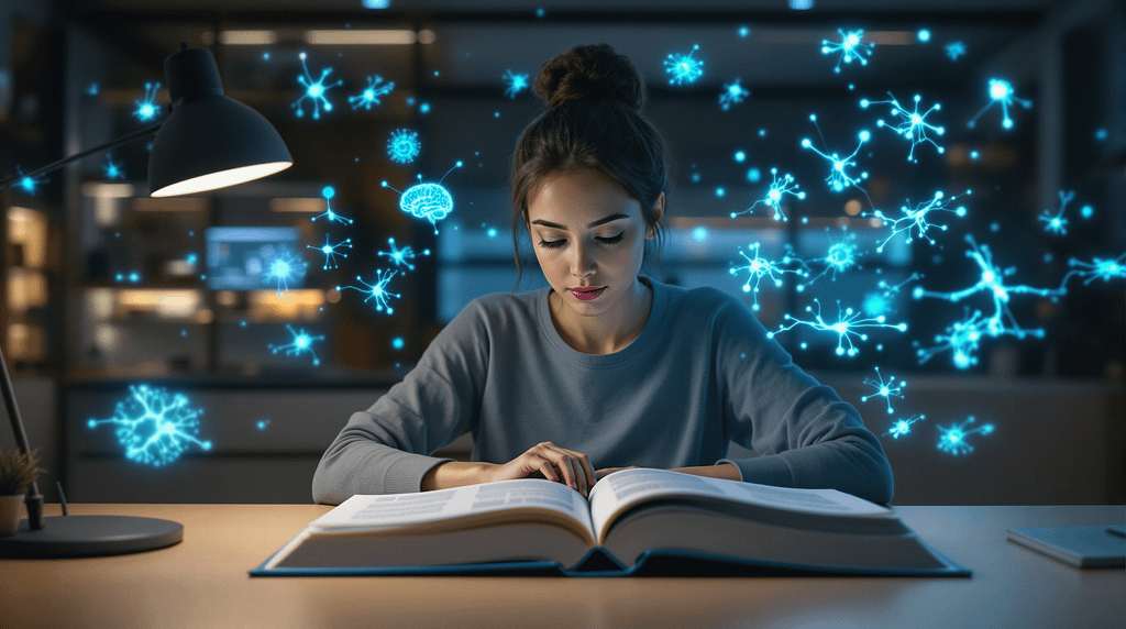 Junge Studentin lernt fokussiert mit neuronalen Visualisierungen im Hintergrund, symbolisiert mentale Klarheit durch Magnesium L-Threonat