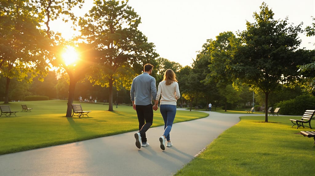 Personen gehen nach einer Mahlzeit in einem Park spazieren, um den postprandialen Blutzuckerspiegel zu stabilisieren.
