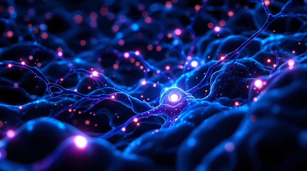 Leuchtendes menschliches Gehirn mit aktiven Mitochondrien an Synapsen. Zellenergie für kognitive Leistung.