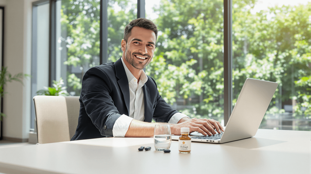 Moderner Büroraum zur Mittagszeit mit Shilajit-Kapseln auf dem Schreibtisch. Ein energiegeladener Manager arbeitet konzentriert am Computer, im Hintergrund Tageslicht und grüne Pflanzen vor dem Fenster.