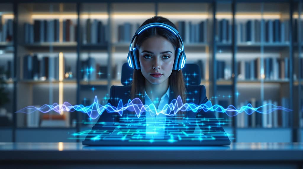 Junge Berufstätige mit Neurofeedback-Kopfhörern vor holografischer Anzeige ihrer Gehirnwellen im modernen Büro – Fokus auf mentales Biohacking und Leistungssteigerung