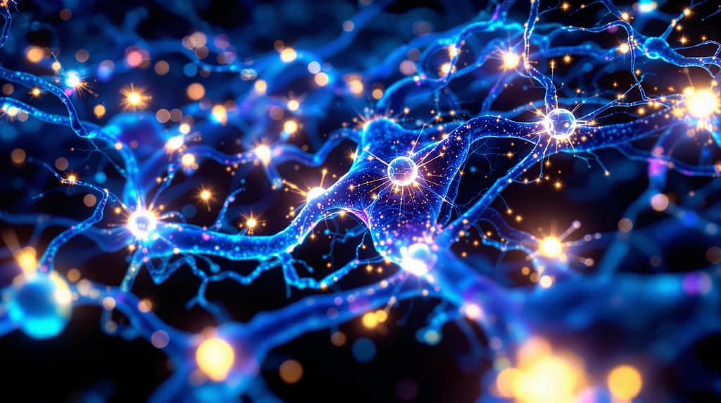 Leuchtendes menschliches Gehirn mit aktiven Mitochondrien an Synapsen. Darstellung der Bedeutung von Zellenergie für geistige Klarheit und kognitive Leistung.