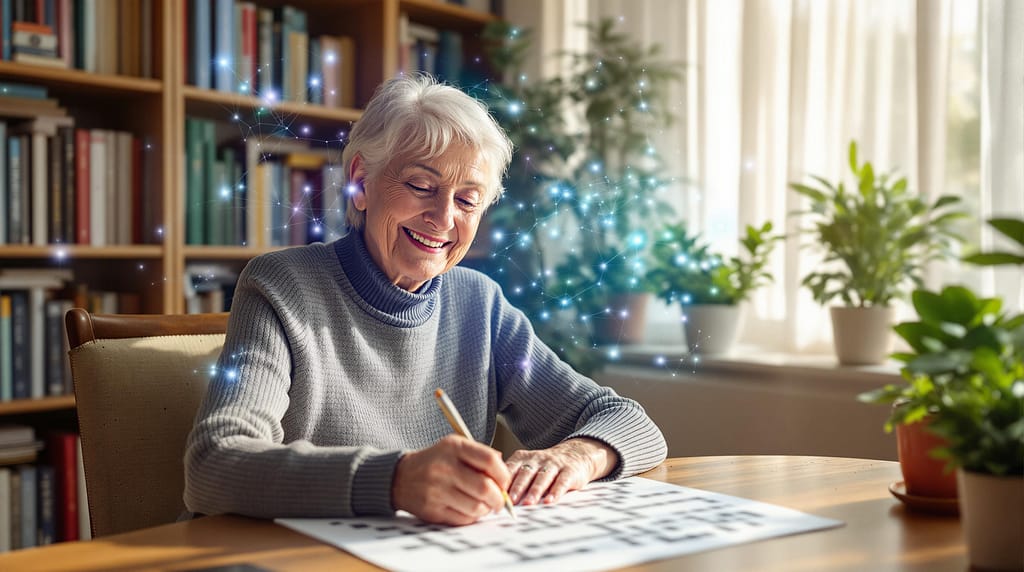 Ältere Frau löst lächelnd Rätsel, angedeutete Neuronen zeigen kognitive Stärke durch Magnesium Magtein.