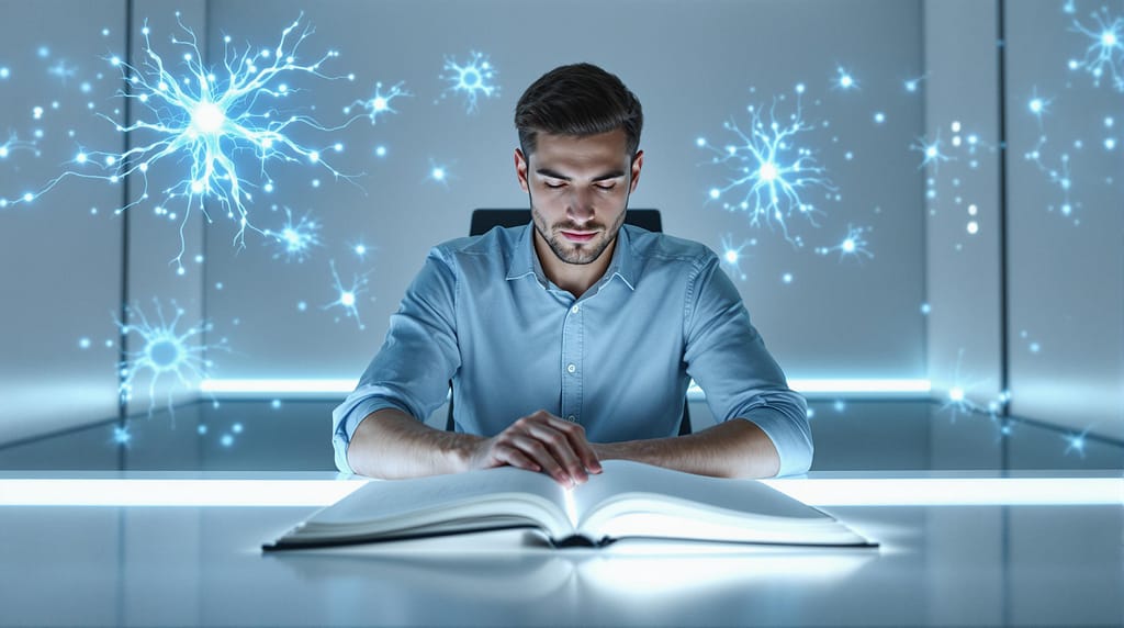 Junger Mann lernt fokussiert mit neuronalen Visualisierungen im Hintergrund, symbolisiert mentale Klarheit durch Magnesium L-Threonat.