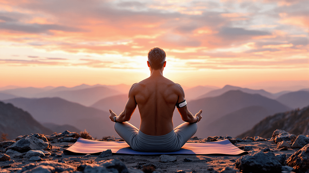 Mann mittleren Alters praktiziert Yoga bei Sonnenaufgang auf einem Berggipfel mit biometrischem Armband und Smartbrille – Verbindung von Natur, Achtsamkeit und Biohacking.